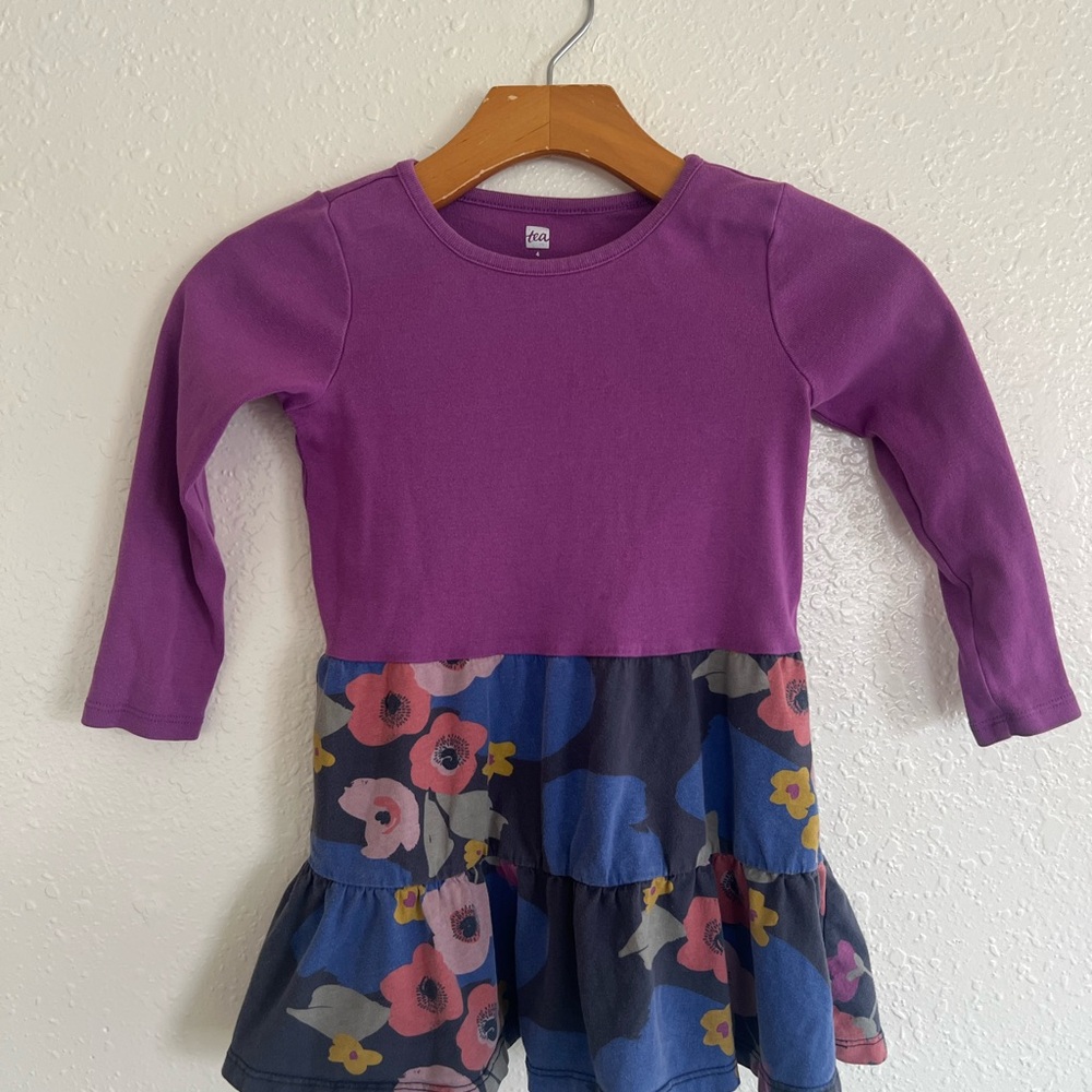 Tea Collection Purple and Floral Long Sleeve Dress